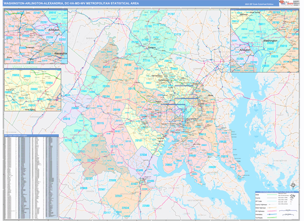 Washington-Arlington-Alexandria Metro Area Wall Map Color Cast Style